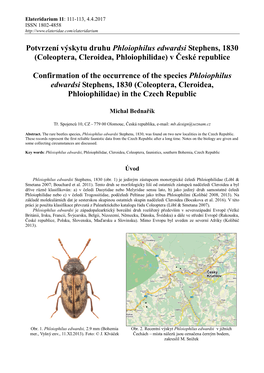 Potvrzení Výskytu Druhu Phloiophilus Edwardsi Stephens, 1830 (Coleoptera, Cleroidea, Phloiophilidae) V České Republice