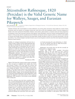 (Percidae) Is the Valid Generic Name for Walleye, Sauger, and Eurasian