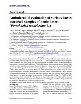 Antimicrobial Evaluation of Various Leaves Extracted Samples of Nettle Desert (Forsskaolea Tenacissima L.)