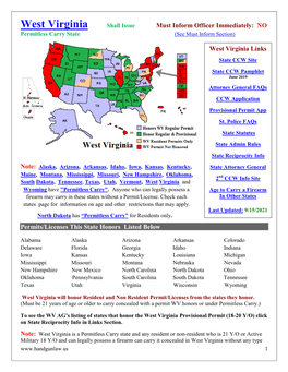 States That Honor the West Virginia Provisional Permit (18-20 Y/O) Click on State Reciprocity Info in Links Section