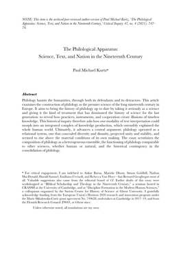 The Philological Apparatus: Science, Text, and Nation in the Nineteenth Century,’ Critical Inquiry 47, No