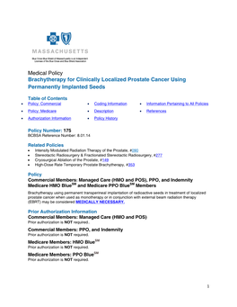 Medical Policy Brachytherapy for Clinically Localized Prostate Cancer Using Permanently Implanted Seeds