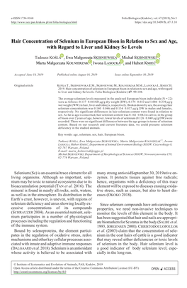 Hair Concentration of Selenium in European Bison in Relation to Sex and Age, with Regard to Liver and Kidney Se Levels