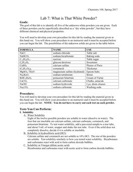 Lab 7: What Is That White Powder? Goals: the Goal of This Lab Is to Identify All Five of the Unknown White Powders You Are Given