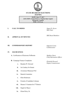 State Board of Elections Agenda