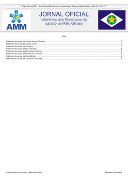 Jornal Oficial Eletrônico Dos Municípios Do Estado De Mato Grosso • ANO XVI | N° 3.777 JORNAL OFICIAL Eletrônico Dos Municípios Do Estado De Mato Grosso
