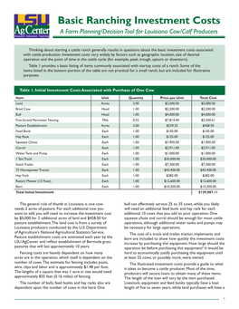 Basic Ranching Investment Costs a Farm Planning/Decision Tool for Louisiana Cow/Calf Producers