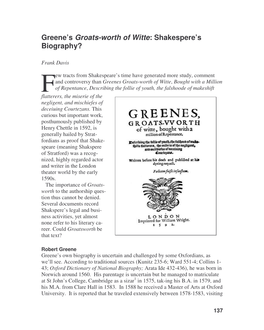 Greene's Groats-Worth of Witte: Shakespere's Biography?