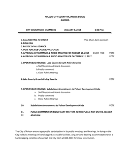 POLSON CITY-COUNTY PLANNING BOARD AGENDA CITY COMMISSION CHAMBERS JANUARY 9, 2018 6:00 P.M. 1. CALL MEETING to ORDER Vice-Ch