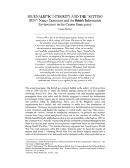 JOURNALISTIC INTEGRITY and the “SETTING SUN”: Nancy Crawshaw and the British Information Environment in the Cyprus Emergency James Richie