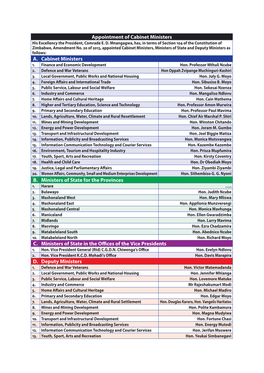 Appointment of Cabinet Ministers His Excellency the President, Comrade E