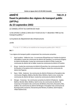 ARRÊTÉ 740.21.2 Fixant Le Périmètre Des Régions De Transport Public (Aptpu) Du 23 Septembre 2002