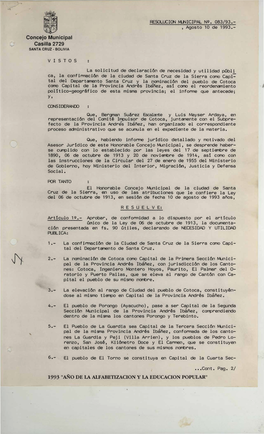 1��·� , Agosto 10 De 1993.- Concejo Municipal Casilla 2729 SANTA CRUZ· BOLIVIA