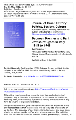 Between Brenner and Bari: Jewish Refugees in Italy 1945 to 1948