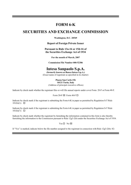 FORM 6-K SECURITIES and EXCHANGE COMMISSION Intesa