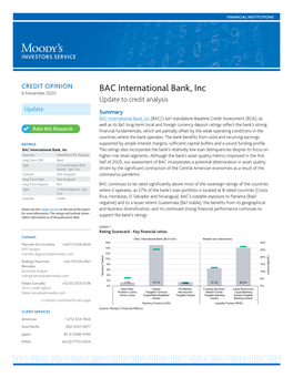 BAC International Bank, Inc 6 November 2020 Update to Credit Analysis