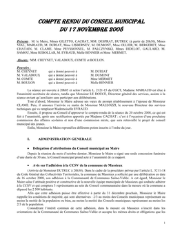 Compte Rendu Du Conseil Municipal Du 17 Novembre 2008