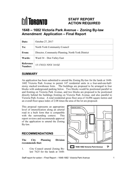 1648 – 1682 Victoria Park Avenue - Zoning By-Law Amendment Application – Final Report