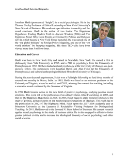 Jonathan Haidt Extended Biography