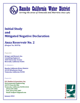 Initial Study and Mitigated Negative Declaration Anza Reservoir No. 2 (Project No