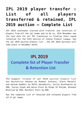 List of All Players Transferred & Retained, IPL 2019 Auction &#8211