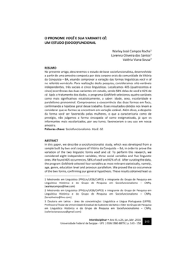 O Pronome Você E Sua Variante Cê: Um Estudo (Socio)Funcional