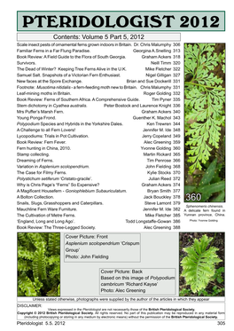 PTERIDOLOGIST 2012 Contents: Volume 5 Part 5, 2012 Scale Insect Pests of Ornamental Ferns Grown Indoors in Britain