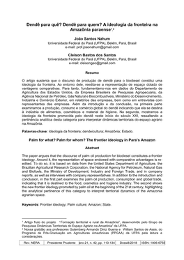 Dendê Para Quem? a Ideologia Da Fronteira Na Amazônia Paraense1.2