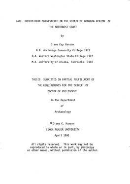 Late Prehistoric Subsistence in the Strait of Georgia Region Of