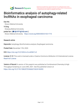 Bioinformatics Analysis of Autophagy-Related Lncrnas in Esophageal Carcinoma