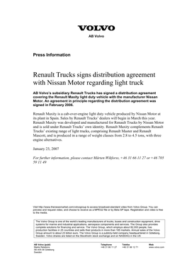 Renault Trucks Signs Distribution Agreement with Nissan Motor Regarding Light Truck