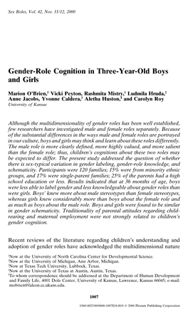 Gender-Role Cognition in Three-Year-Old Boys and Girls