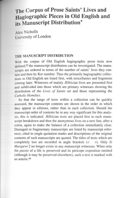 The Corpus of Prose Saints' Lives and Hagiographic Pieces in Old English and Its Manuscript Distribution*