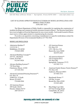 List of Illinois Approved Manufacturers of Modular Dwellings and Mobile Structures January 2012