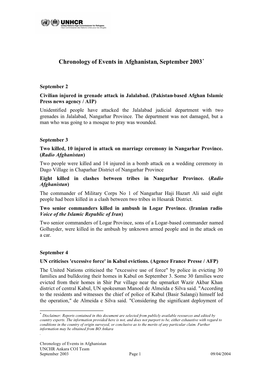 Chronology of Events in Afghanistan, September 2003*