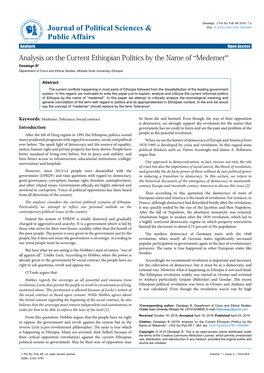 Analysis on the Current Ethiopian Politics by the Name of “Medemer” Desalegn B* Department of Civics and Ethical Studies, Wolaita Sodo University, Ethiopia