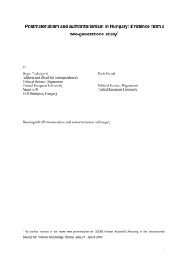 Postmaterialism and Authoritarianism in Hungary: Evidence from a Two-Generations Study*