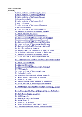 List of Universities University 1 Indian Institute of Technology Bombay 2 Indian Institute of Technology Madras 3 India