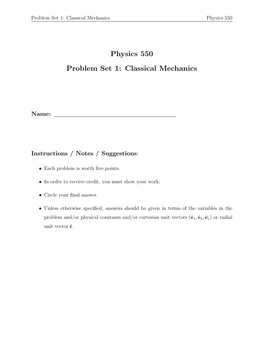Physics 550 Problem Set 1: Classical Mechanics
