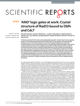 Crystal Structure of Rad53 Bound to Dbf4 and Cdc7 Received: 27 July 2016 Ahmad W