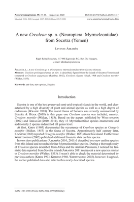 A New Creoleon Sp. N. (Neuroptera: Myrmeleontidae) from Socotra (Yemen)