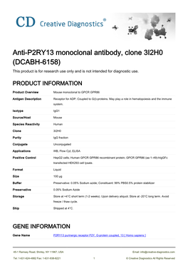 Anti-P2RY13 Monoclonal Antibody, Clone 3I2H0 (DCABH-6158) This Product Is for Research Use Only and Is Not Intended for Diagnostic Use