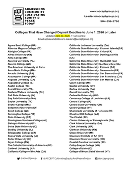 Colleges That Have Changed Deposit Deadline to June 1, 2020 Or Later Updated April 20, 2020, 11 Am Central Email Updates/Additions to Leaders@Acceptgroup.Org