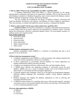 Cs6302 Database Management System Two Marks Unit I Introduction to Dbms