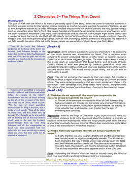 2 Chronicles 5 • the Things That Count Introduction the Goal of Walk with the Word Is to Learn to Personally Apply God’S Word