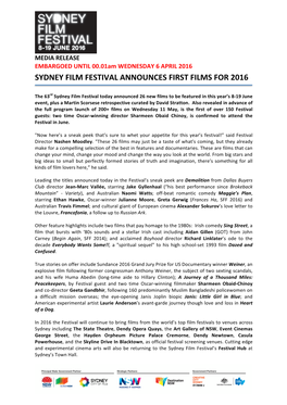 Sydney Film Festival Announces First Films for 2016 06/04/2016