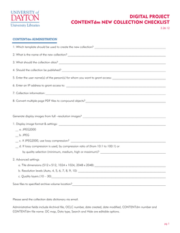 Digital Project Contentdm NEW COLLECTION Checklist University Libraries 3.26.12
