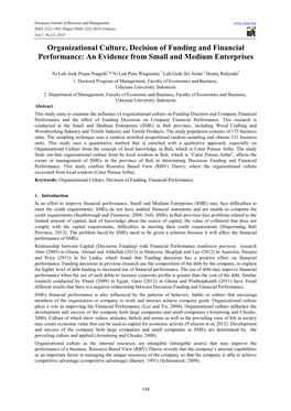 Organizational Culture, Decision of Funding and Financial Performance: an Evidence from Small and Medium Enterprises