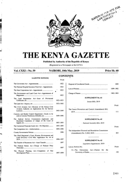 THE KENYA GAZETTE Published by Authority of the Kepublic of Kenya (Registered As a Newspaper at the G.P.O.)