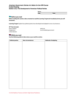 Stories of a Nation for the AP® Course Guided Reading Section 14.2: the Development of American Political Parties